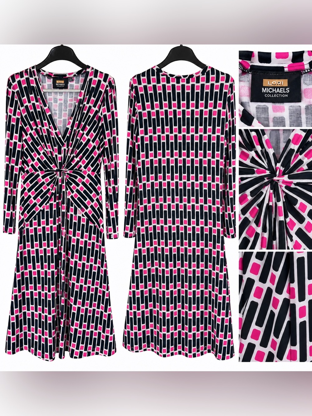 Lori Michaels Pink, Black & White Geometric Knot-Front Long Sleeve Midi Dress